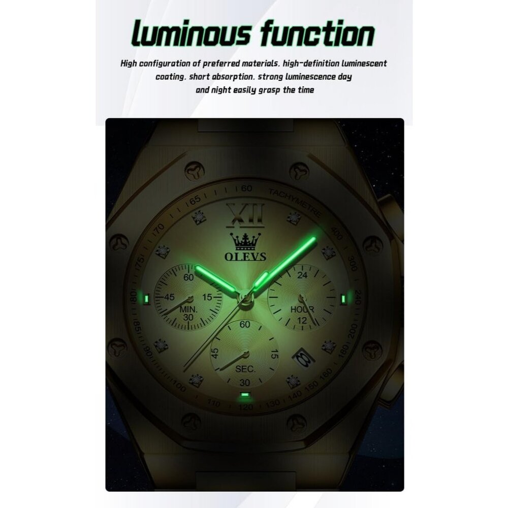 Olevs Men's Gold Stainless Steel Analog Luminous Waterproof Easy Wear Watch - Picture 4 of 5